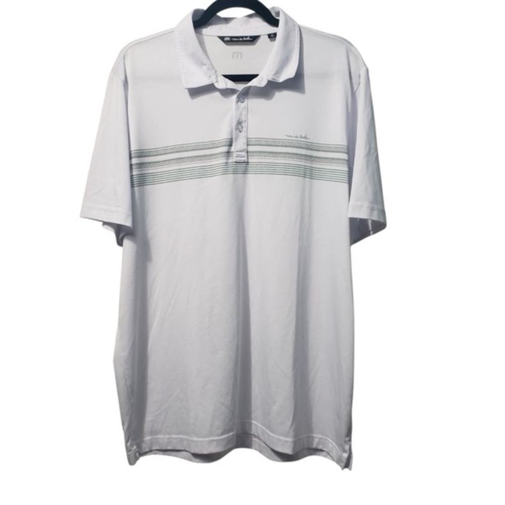 Travis Matthew Surf Slang Pique Polo Men's XL White With Gray & Green Stripes